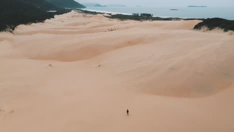 High-aerial-view-of-man-walking-on-sand-dunes-near-a-tropical-beach