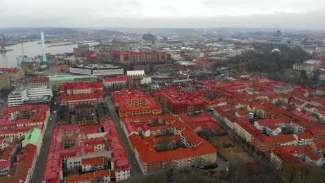 Aerial-flying-forward-across-downtown-Haga-city-center-with-skyline-and-buildings-on-a-cloudy-and-rainy-winter-day-in-Gothenburg-City,-Sweden