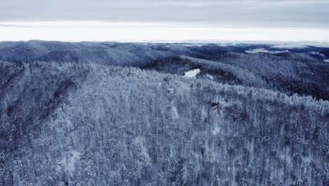 Reveal-aerial-view-of-a-mountain-landscape-covered-in-snow-in-winter-overcast-day