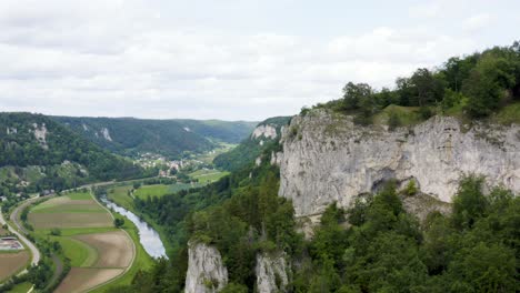 Aerial-View-of-Limestone-Formation-to-Danube-River-and-Idyllic-Valley