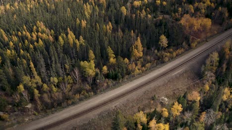 A-slow-motion-aerial-dolly-forward-over-train-tracks-running-through-idyllic-autumn-boreal-forest-in-the-Canadian-shield