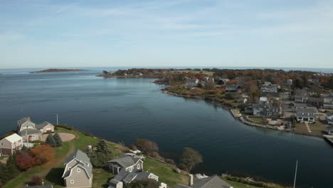 Aerial-view-of-scenic-coastal-town-in-fall,-Biddeford-Pool,-Maine