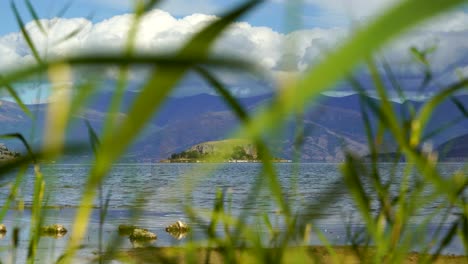Peaceful-rocky-island-of-Maligrad-in-Prespa-lake-seen-through-reed-on-shore