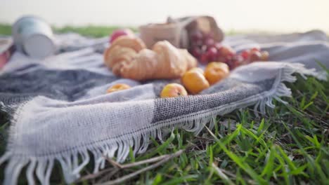 Summer-picnic-on-a-blanket-of-gray-with-croissants,-apples,-grapes,-mandarins,-coffee-mug-and-book-on-the-beach