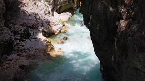Drone-shot-of-rushing-waters-of-the-River-Soca-in-Slovenia