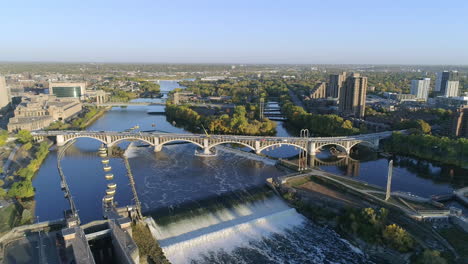 Aerial-Of-Saint-Anthony-Falls-and-Xcel-Energy-Water-Power-Park