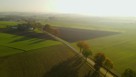 Beautiful-aerial-flight-over-rural-tree-lined-road-through-peaceful-green-countryside-farmland