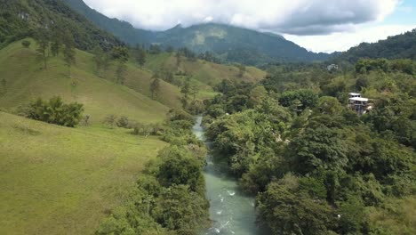 Drone-aerial-view,-flying-over-Cahabon-River-in-the-tropical-lands-of-Guatemala,-Central-America