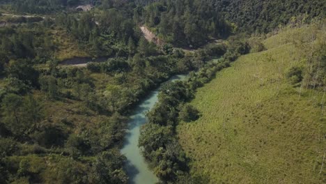 Drone-aerial-flying-over-river-Cahabon-in-Guatemala,-Central-america