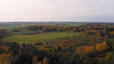 Luftschwenk-Durch-Den-Herbstwald-Und-Die-Felder-Des-Schönen-Lettlands