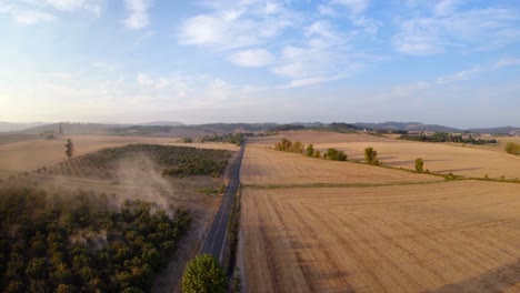 Aerial-of-farmland-on-clear-golden-sunny-evening
