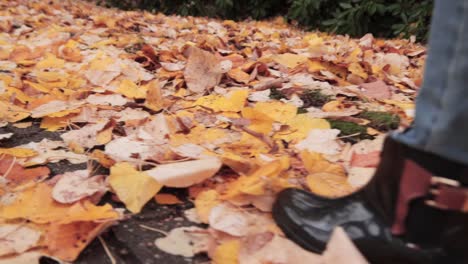 Slow-motion-close-up-of-female-feet-in-boots-walking-and-kicking-autumn-leaves