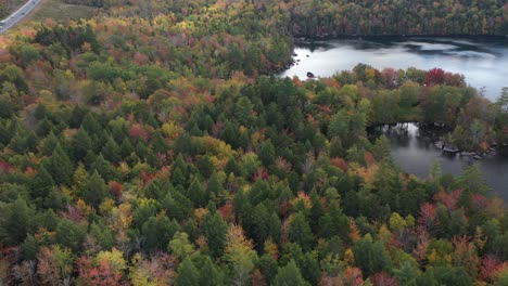 Magical-Countryside-Landscape,-Aerial-View-of-Picturesque-Forest-in-Fall-Colors-by-Lake-in-Maine-USA