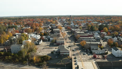 Aerial-view-over-Brunswick,-Maine-downtown,-fall-season