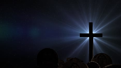 cross-silhouette-above-the-graves-and-optical-flare-rays-against-the-star-background-at-night