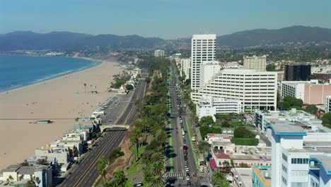 Aerial-view-over-Pacific-Coast-highway-in-Santa-Monica,-California