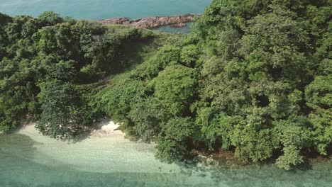 Aerial-trucking-shot-coastline-tropical-island-beach-jungle-turquoise-sea