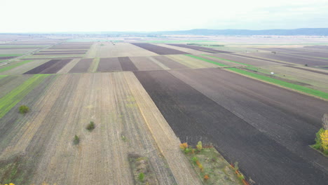 Ländliche-Drohnenpfanne-über-Braunen-Kahlen-Feldern-In-Landwirtschaftlicher-Umgebung-Tagsüber
