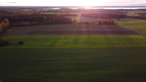 Aerial-sunset-over-countryside-fields-and-meadows-very-low-sun-and-long-shadows
