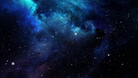 Blaue-Nebelwolken-Und-Winzige-Planeten-Rücken-Im-Dunklen-Universum-Immer-Näher