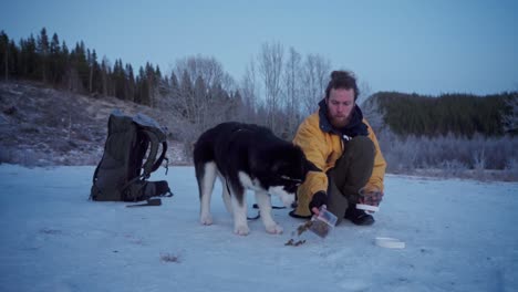 Backpacker-Feeding-An-Alaskan-Malamute-On-Snowy-Landscape-In-Trondheim,-Norway