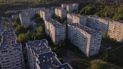 Panoramic-Flyby-Shot-of-a-Soviet-Planned-District-Fabijoniskes-in-Vilnius,-Lithuania,-HBO-Chernobyl-filming-location
