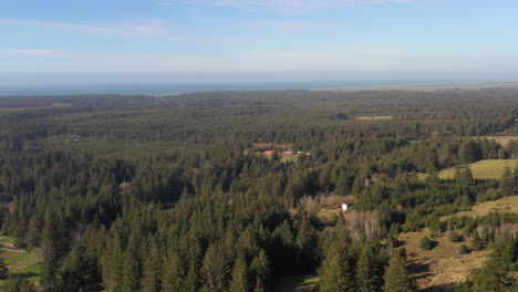 Aerial-circle-pan-of-forest-in-Port-Orford-daytime-with-ocean-in-distance