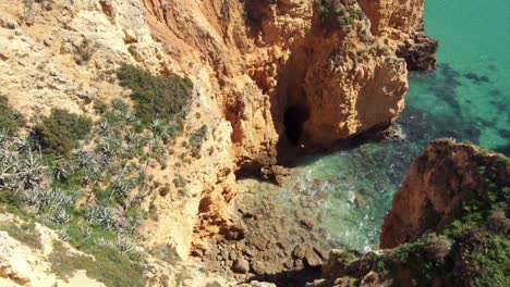 Small-little-birds-flying-through-Lagos-Grottos-on-Algarve-eroded-coastline---Aerial-fly-over-overview-shot
