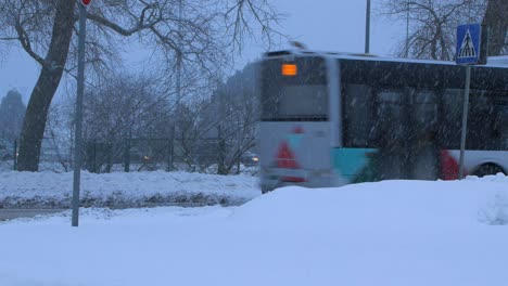 Latvian-road-police-officer-organizing-car-traffic-during-a-heavy-snow-blizzard,-overcast-winter-day,-handheld-distant-wide-shot