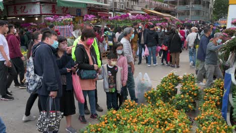 Los-Clientes-Compran-Flores-Decorativas-Típicas-Del-Año-Nuevo-Chino-Y-árboles-Kumquat,-También-Conocidos-Como-árboles-De-Mandarina-En-Un-Puesto-Callejero-Del-Mercado-De-Flores-Antes-De-Las-Festividades-Del-Año-Nuevo-Chino-Lunar