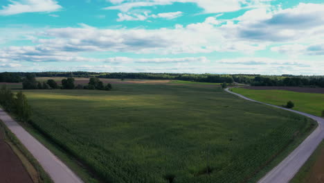 Dirt-road-and-agriculture-fields-in-Latvia,-aerial-drone-view