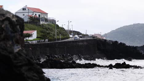 Traffic-On-The-Coastal-Road-In-São-Mateus-da-Calheta,-Terceira-Island,-Portugal