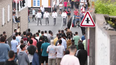 Crowded-People-Watching-Rope-Bull-Fighting-In-Sao-Mateus-On-Terceira-Island,-Azores,-Portugal