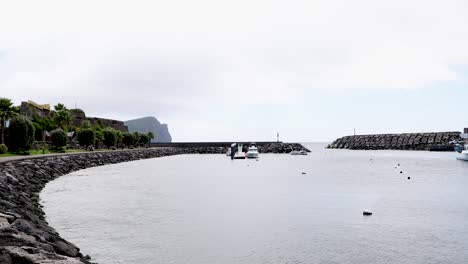 View-Of-Tetrapods-And-Seawall-From-The-Coast-In-Sao-Mateus-da-Calheta,-Azores,-Terceira-Island,-Portugal