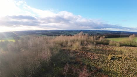 FPV-drone-flying-across-Billinge-hill-beacon-autumn-woodland-on-Lancashire-farmland-landscape
