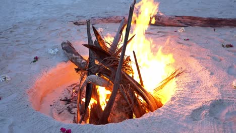 Close-Up-Of-Pile-Of-Tree-Woods-On-Fire-At-Sandy-Beach,-Bonfire