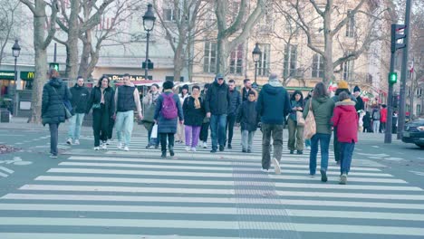 Gente-Cruzando-La-Calle-Enrejada-En-Un-Semáforo-De-Manera-Desordenada,-Chocando-Entre-Sí,-Abrigados-Para-La-Temporada-De-Invierno,-París,-Francia