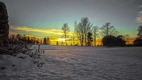 Time-lapse-shot-of-golden-sunset-behind-trees-in-winter-with-bright-colors---Clouds-covering-the-sky-during-blue-hour