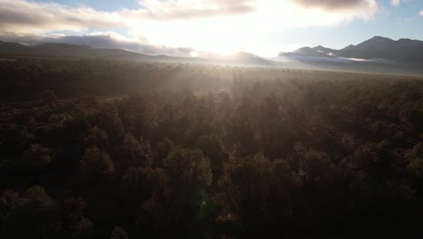 Drohne-Fliegen-über-Lovell-Canyon-Staat-Kalifornien-Sierra-Nevada-Rote-Felsberge-Szenische-Formation-Während-Des-Epischen-Nebligen-Sonnenaufgangs