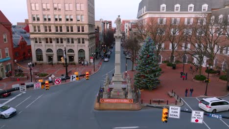 Aerial-approach-towards-sculpture-and-Christmas-display-in-downtown-Lancaster-PA