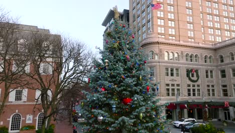 Close-up-aerial-rising-shot-of-Lancaster,-PA-clock-in-downtown-square