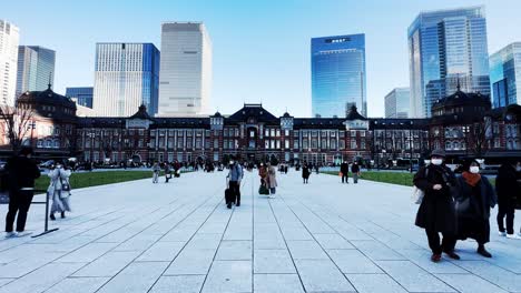 People-Waking-in-Front-of-Tokyo-Station,-Travel-Destination-Concept,-Japan