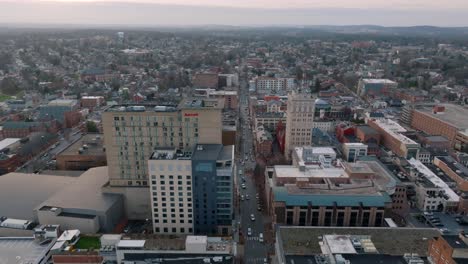 High-aerial-truck-shot-of-Lancaster-Pennsylvania-in-winter