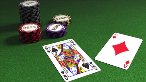 Karten,-Die-Auf-Einen-Pokertisch-Mit-Stapeln-Von-Spielchips-Ausgeteilt-Werden---Pokerhände---Karo-Ass-Und-Pik-Dame---21-Ponton