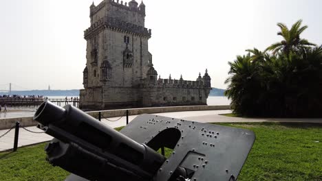 View-Of-An-Ancient-Cannon-On-Display-Outside-Belem-Tower-In-Lisbon,-Portugal---tilt-up
