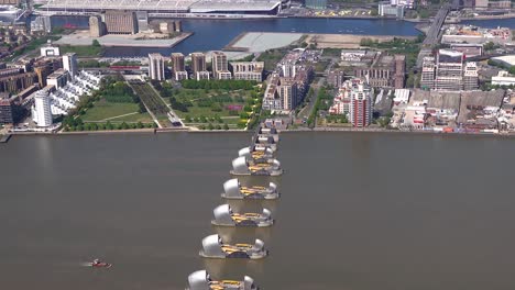 Aerial-view-of-the-Thames-Flood-Protection-Barrier,-Woolwich,-London,-UK