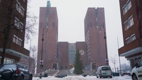 Oslo-Radhus-Entrance-View-From-Roald-Amundsens-Gate-On-Overcast-Snowy-Day