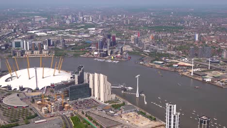 Aerial-View-of-the-IFS-Cloud-Cable,-Royal-Docks-and-the-O2-Millennium-Dome,-Greenwich,-London,-UK