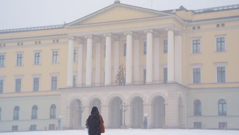 Tourist-Taking-Photo-Of-the-The-Royal-Palace-In-Oslo-With-Heavy-Snow-Falling