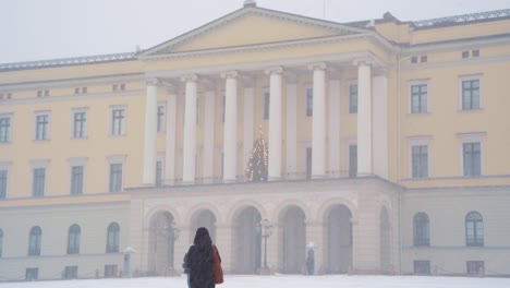 Turista-Tomando-Fotos-Del-Palacio-Real-En-Oslo-Con-Fuertes-Nevadas